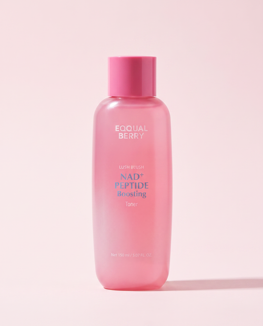 Eqqualberry NAD+ Peptide Boosting Toner 150ml - pink ombre toner bottle on a pale pink background