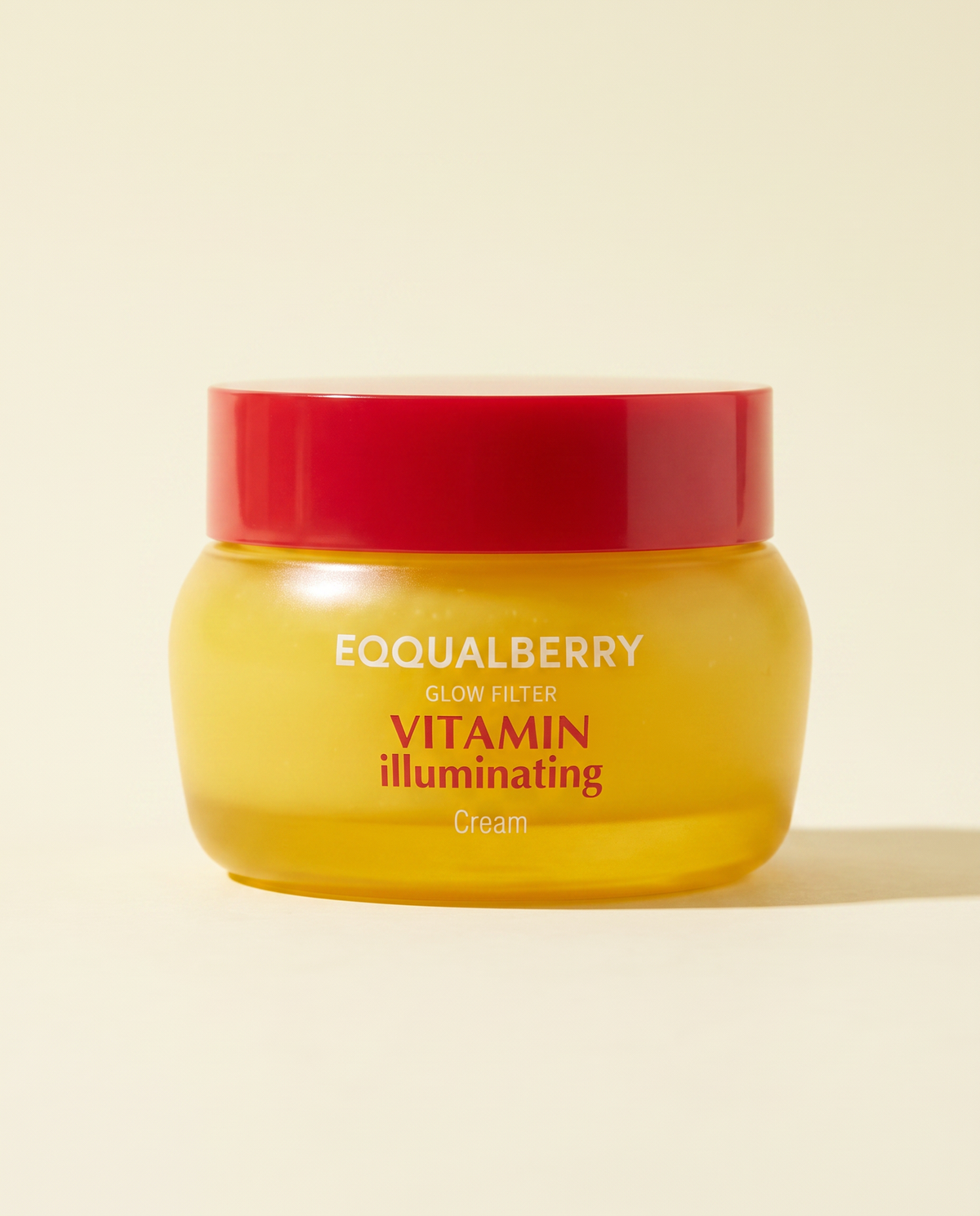 Eqqualberry Vitamin Illuminating Cream 50ml - yellow jar with a red lid on a cream background