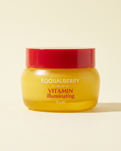 Eqqualberry Vitamin Illuminating Cream 50ml - yellow jar with a red lid on a cream background