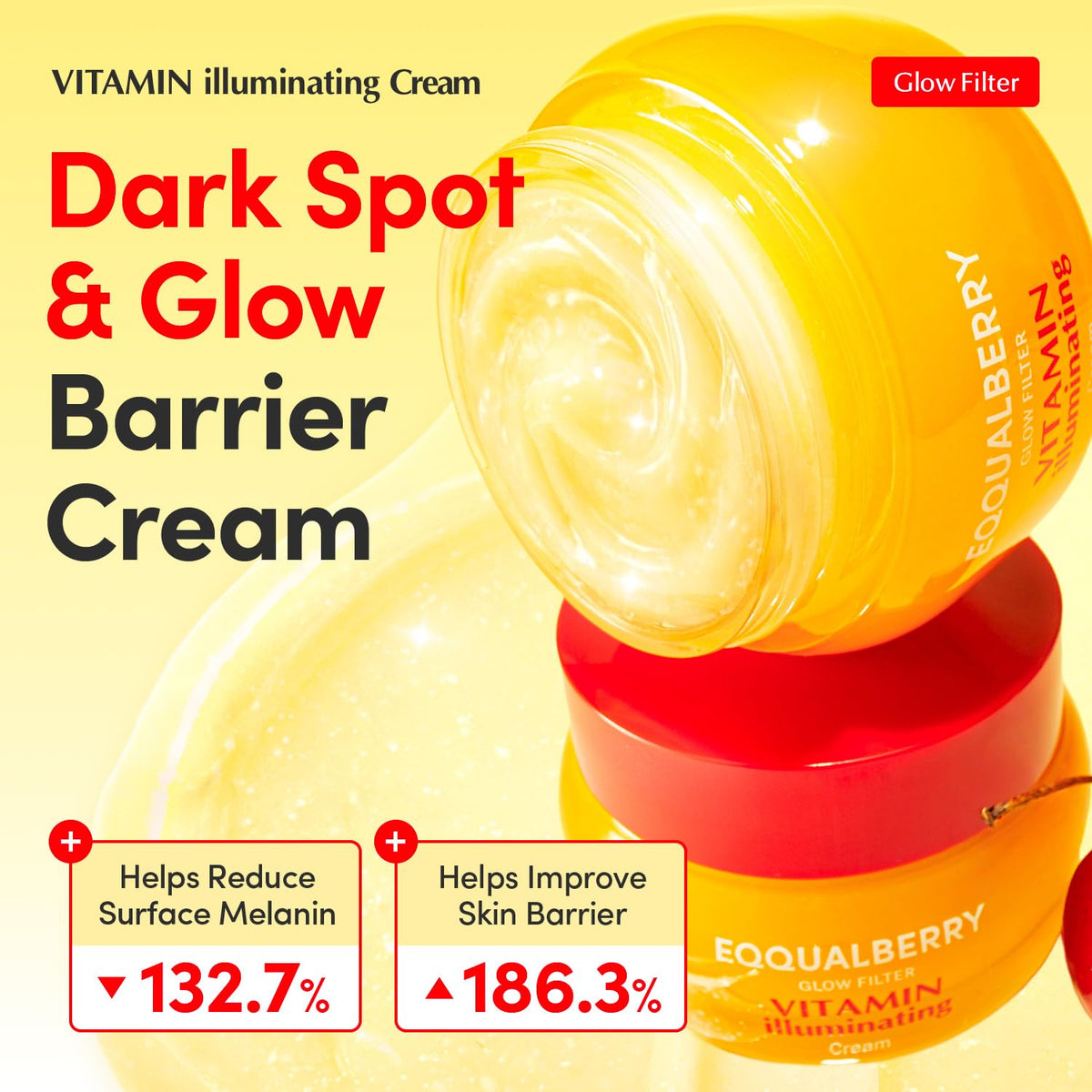 Vitamin Illuminating Cream jars open on yellow: a dark spot and glow barrier cream, surface melanin down 132.7% and skin barrier up 186.3%
