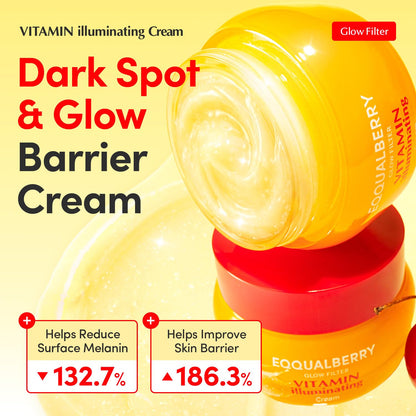 Vitamin Illuminating Cream jars open on yellow: a dark spot and glow barrier cream, surface melanin down 132.7% and skin barrier up 186.3%