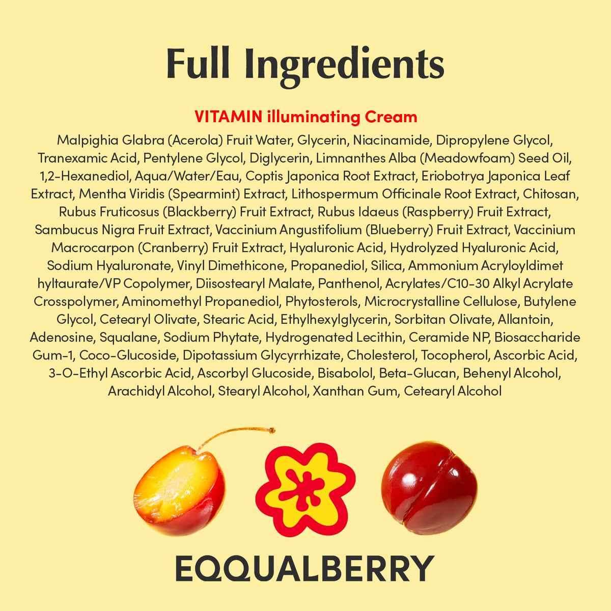 Full ingredients list for the Vitamin Illuminating Cream on a yellow background