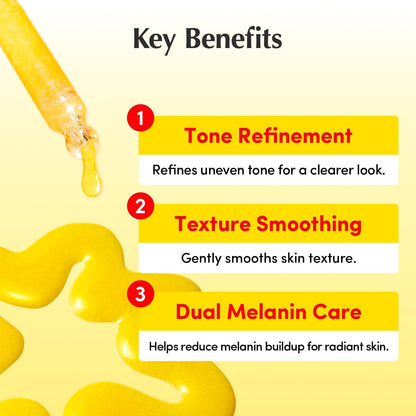 Key benefits beside a dripping dropper: tone refinement, texture smoothing and dual melanin care