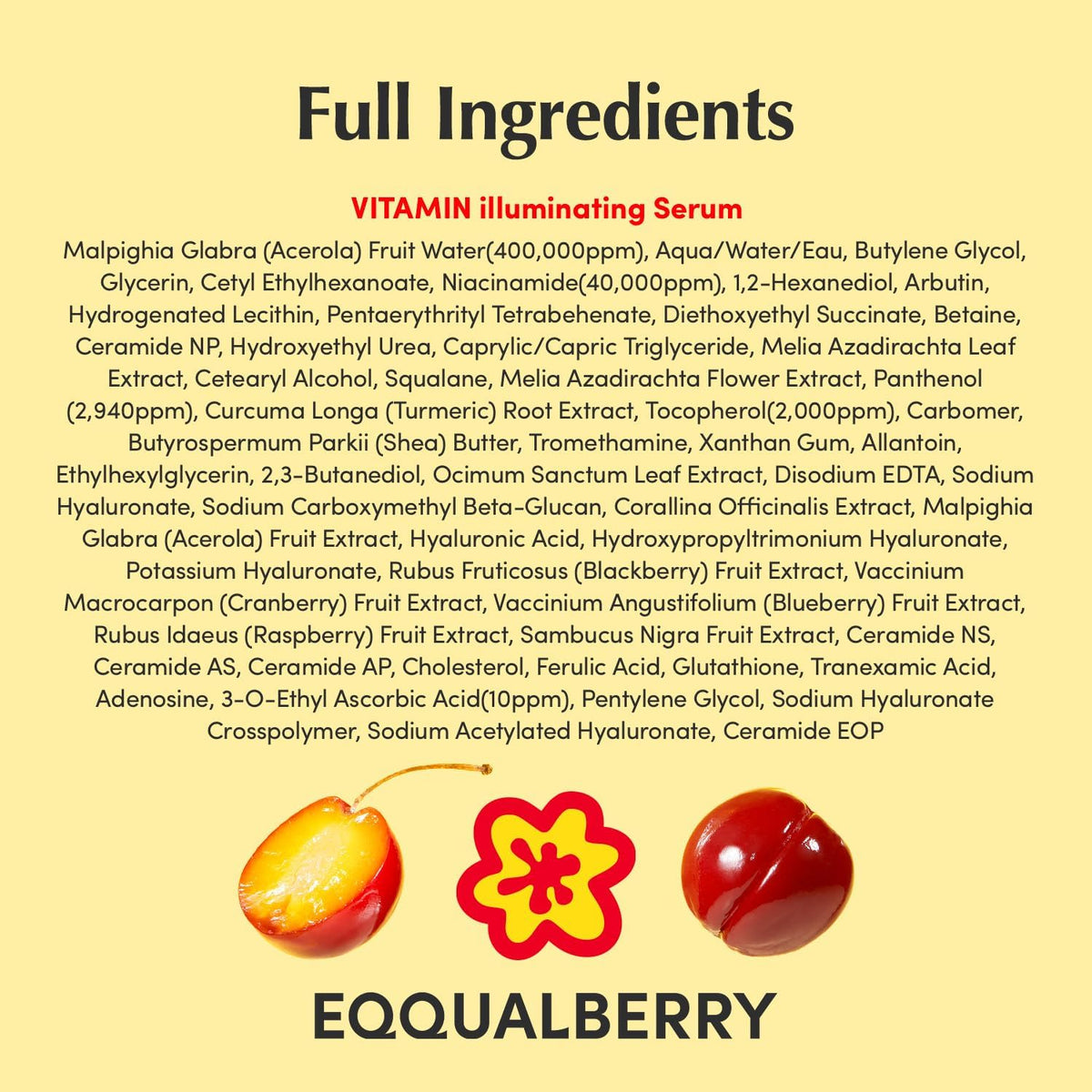 Full ingredients list for the Vitamin Illuminating Serum on a yellow background