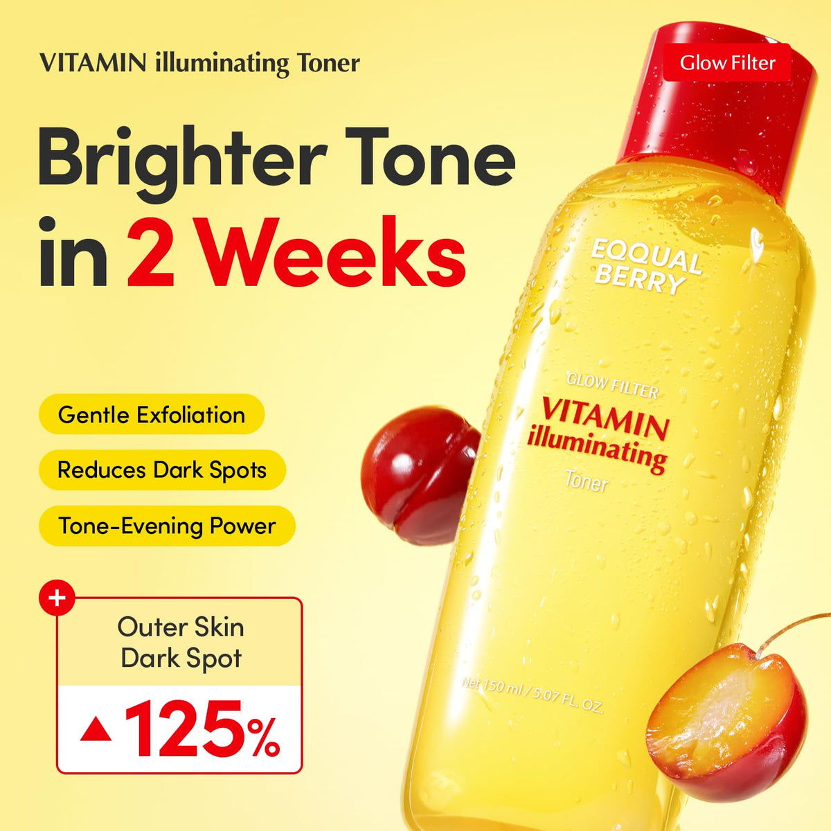 Vitamin Illuminating Toner bottle with acerola cherries: brighter tone in two weeks, gentle exfoliation, reduces dark spots, outer skin dark spots improved 125%