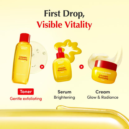 First drop, visible vitality: the Vitamin toner for gentle exfoliating, the serum for brightening and the cream for glow and radiance