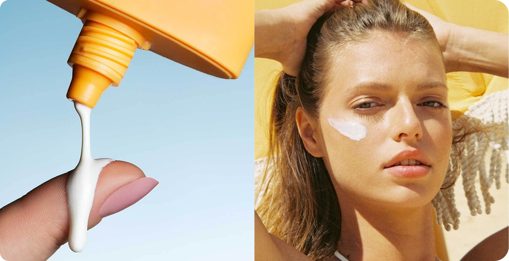 Sunscreen dispensed onto a fingertip, and a woman with a swipe of sunscreen on her cheek