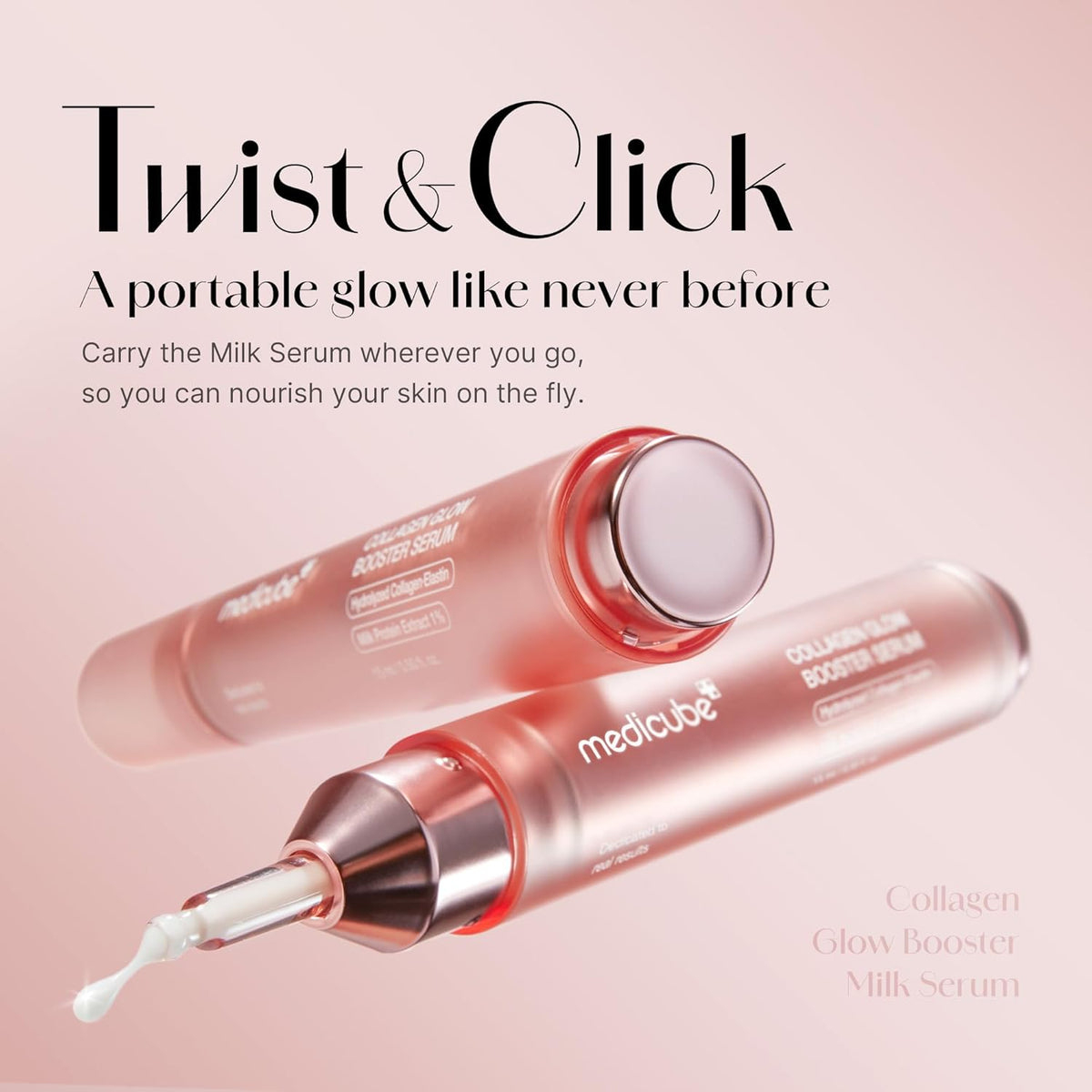 Twist and click: two Collagen Glow Booster Milk Serum pens, one with its brush tip extended, a portable glow to carry anywhere