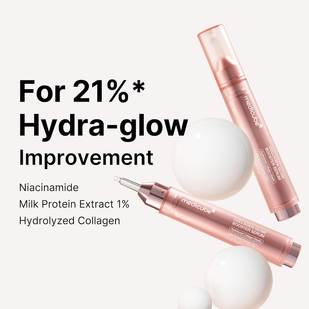 Two pens beside white spheres: for 21% hydra-glow improvement, with niacinamide, 1% milk protein extract and hydrolysed collagen