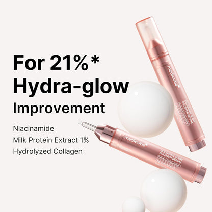 Two pens beside white spheres: for 21% hydra-glow improvement, with niacinamide, 1% milk protein extract and hydrolysed collagen