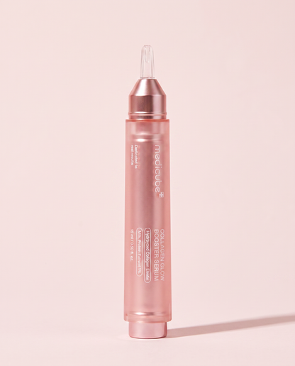 Medicube Collagen Glow Booster Serum 15ml - slim pink applicator pen on a pink background