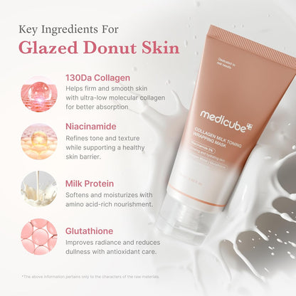 Key ingredients for glazed donut skin beside the tube in a milk splash: 130 Da collagen, niacinamide, milk protein and glutathione