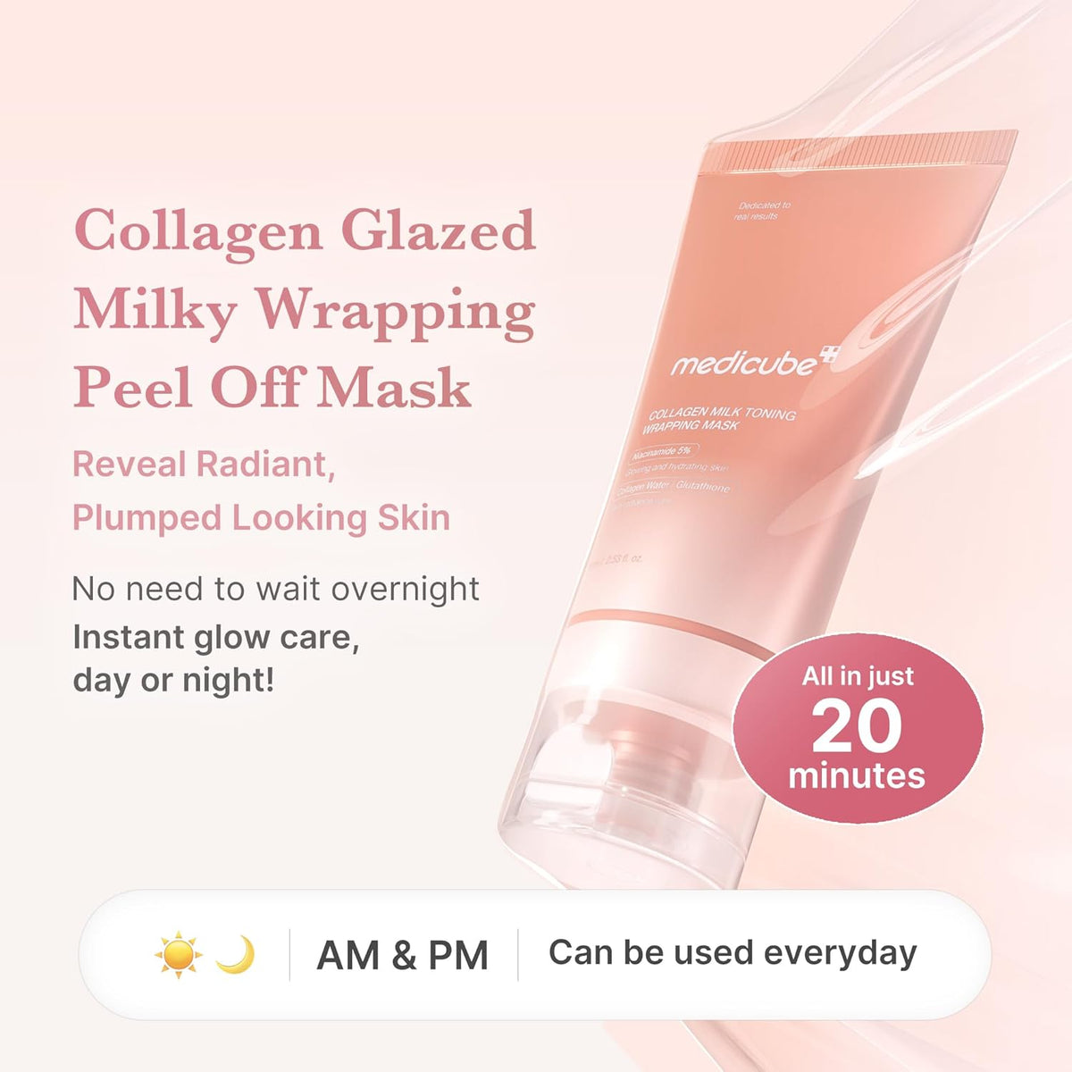 Collagen Glazed Milky Wrapping Peel Off Mask tube, instant glow care in 20 minutes, day or night