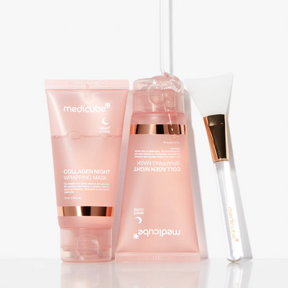 Medicube Collagen Night Wrapping Mask 75ml - the pink range grouped with a glass applicator, white background
