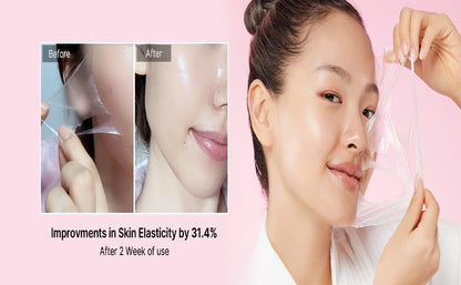 A model peeling off the dried mask, with before and after cheek close-ups showing skin elasticity improved 31.4% after two weeks