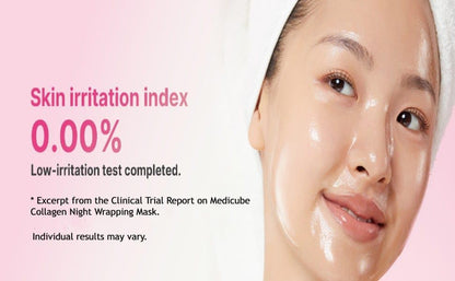 Skin irritation index 0.00% from a low-irritation clinical test, shown beside a model's face