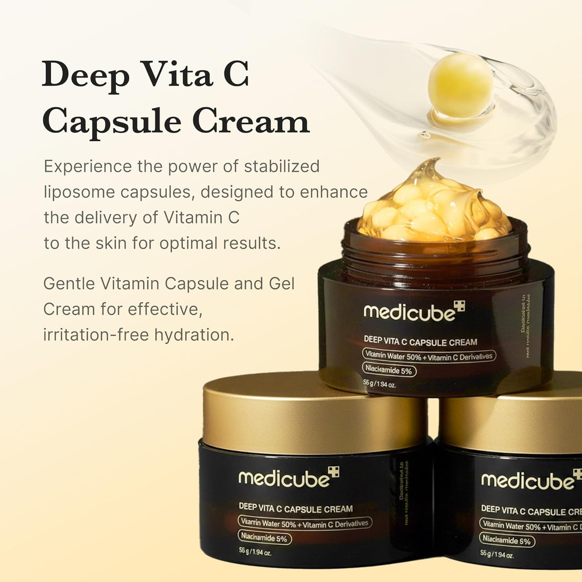 Deep Vita C Capsule Cream jars with a spatula lifting the yellow capsules, describing stabilised liposome capsules that deliver vitamin C to the skin