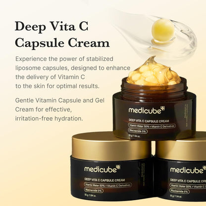 Deep Vita C Capsule Cream jars with a spatula lifting the yellow capsules, describing stabilised liposome capsules that deliver vitamin C to the skin