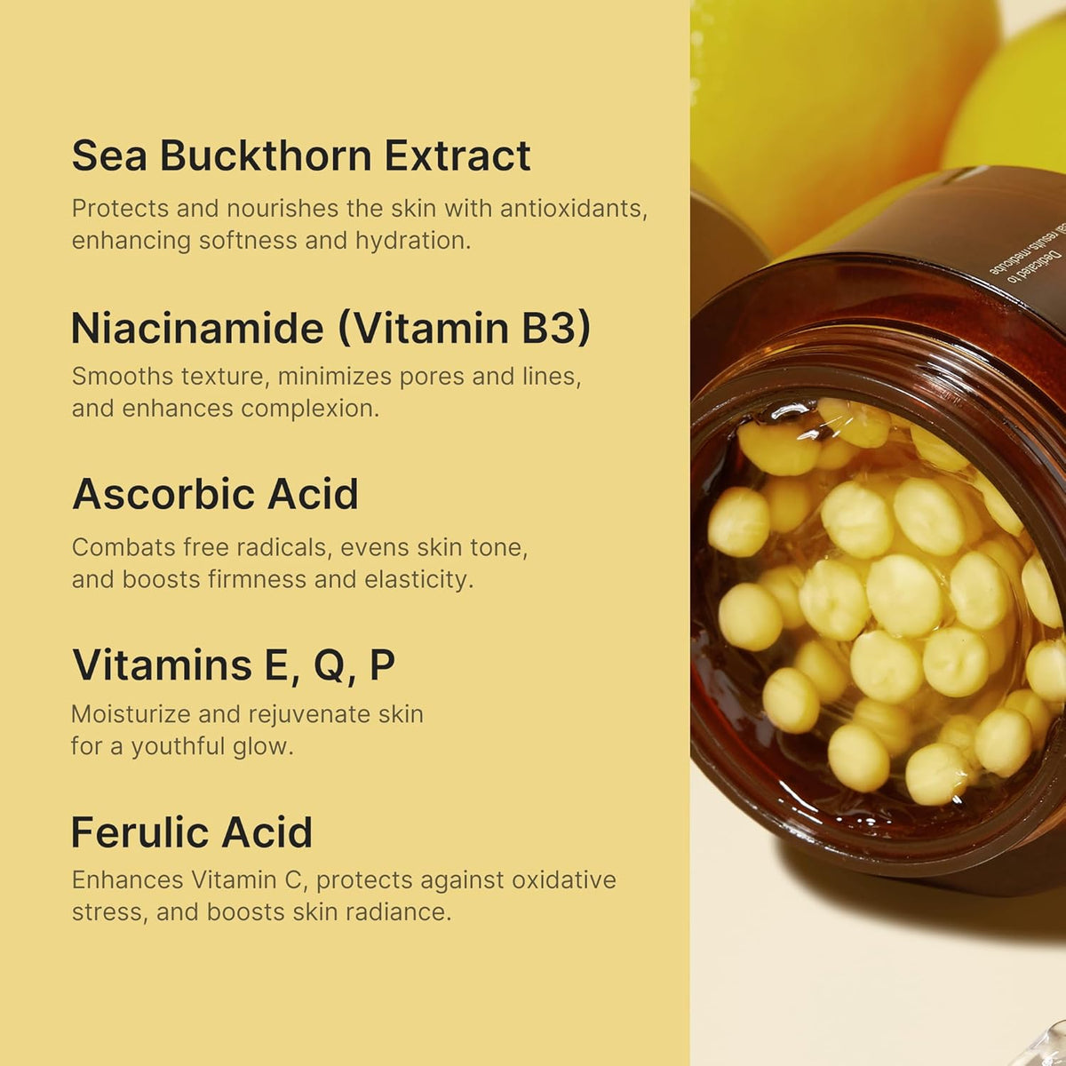 Key ingredients beside the open jar: sea buckthorn extract, niacinamide, ascorbic acid, vitamins E, Q and P, and ferulic acid