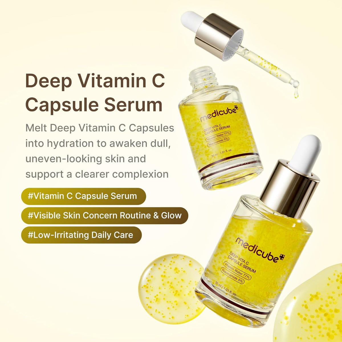 Deep Vitamin C Capsule Serum bottles with the dropper, described as melting vitamin C capsules into hydration for dull, uneven-looking skin
