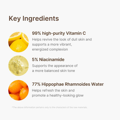 Key ingredients: 99% high-purity vitamin C, 5% niacinamide and 77% hippophae rhamnoides (sea buckthorn) water
