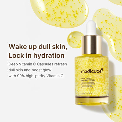 The serum bottle on yellow capsule droplets, tagged wake up dull skin and lock in hydration with 99% high-purity vitamin C