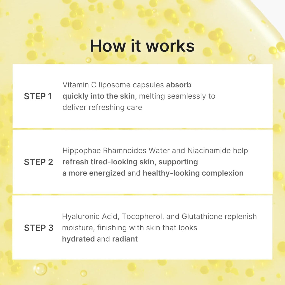 How it works in three steps: vitamin C liposome capsules absorb, sea buckthorn water and niacinamide refresh, hyaluronic acid and glutathione replenish