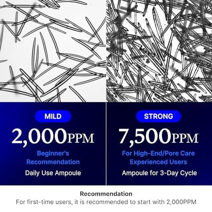 Microscope images of spicules with the two strengths: mild 2,000 ppm for daily use and beginners, strong 7,500 ppm for a three-day cycle