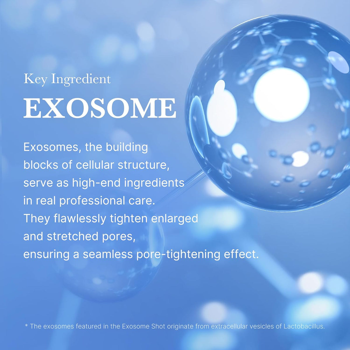 Key ingredient exosome: a blue molecular illustration, exosomes as building blocks of cellular structure that tighten enlarged pores
