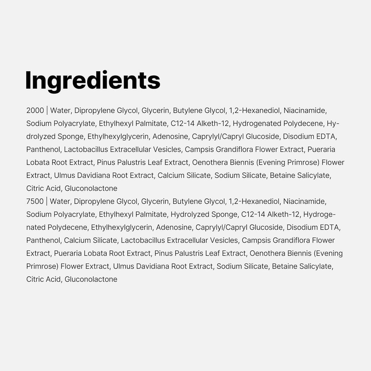 Full ingredients lists for both the 2000 and 7500 versions of the Exosome Shot