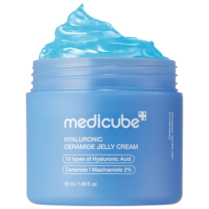 Medicube Hyaluronic Ceramide Jelly Cream 50ml - blue jar with a thick swirl of jelly cream on top