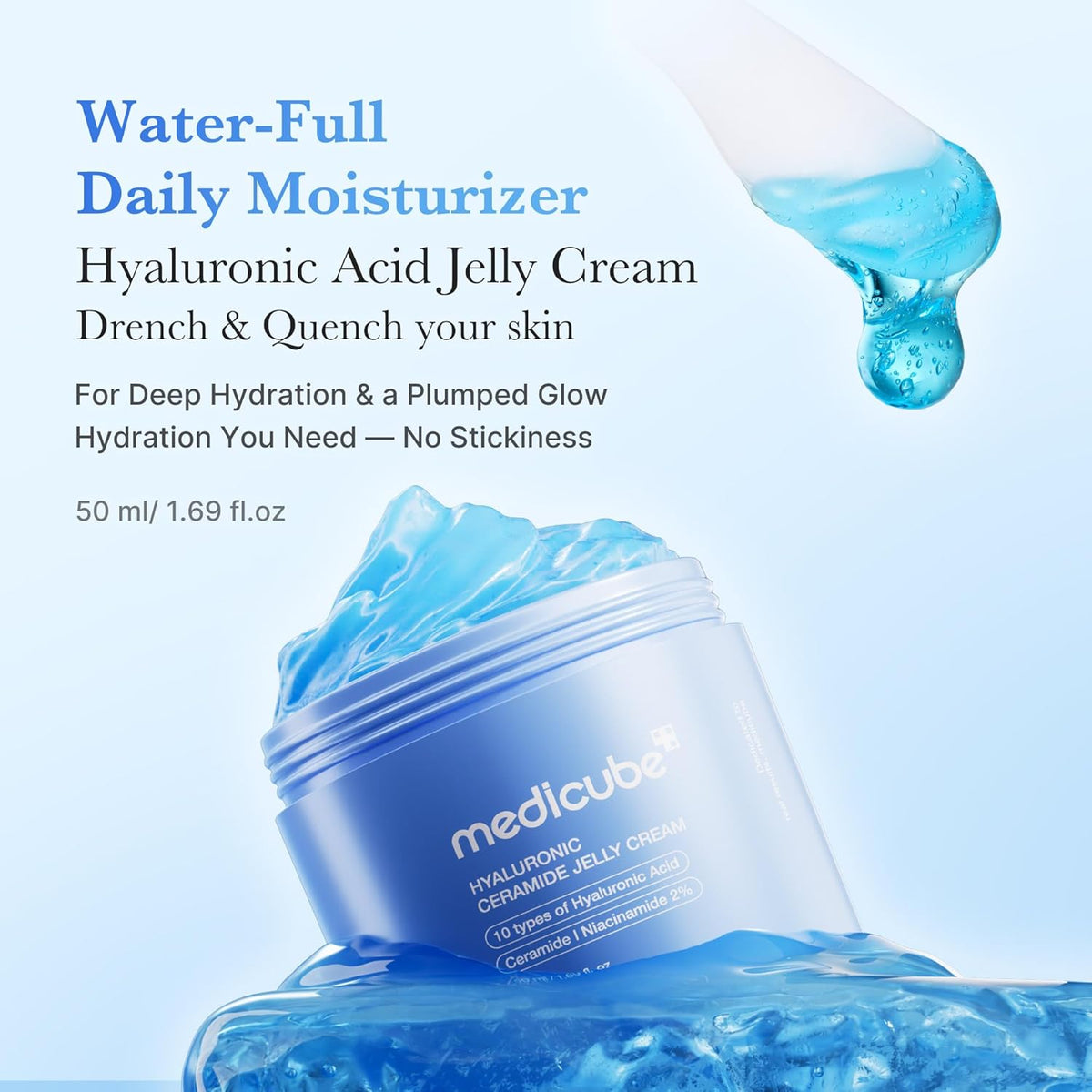 Hyaluronic Ceramide Jelly Cream jar with blue jelly spilling out, described as a water-full daily moisturiser for deep hydration with no stickiness, 50 ml
