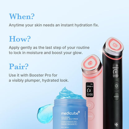 When, how and pair: apply as the last step of your routine, shown beside Medicube Booster Pro devices