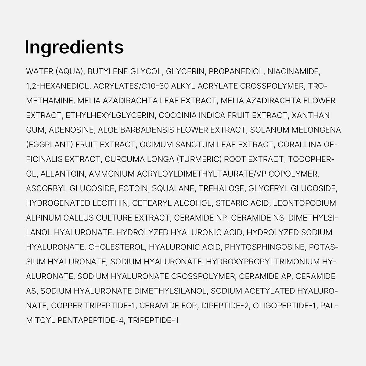 Full ingredients list panel for the Hyaluronic Ceramide Jelly Cream