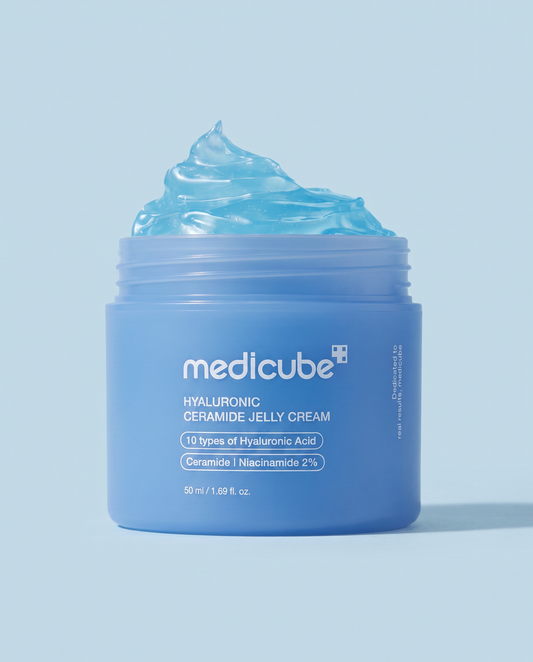 Medicube Hyaluronic Ceramide Jelly Cream 50ml - blue jar topped with a swirl of the blue jelly cream