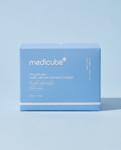 Medicube Hyaluronic Moisturising Capsule Cream 55g - blue carton, front of pack, on a pale blue background