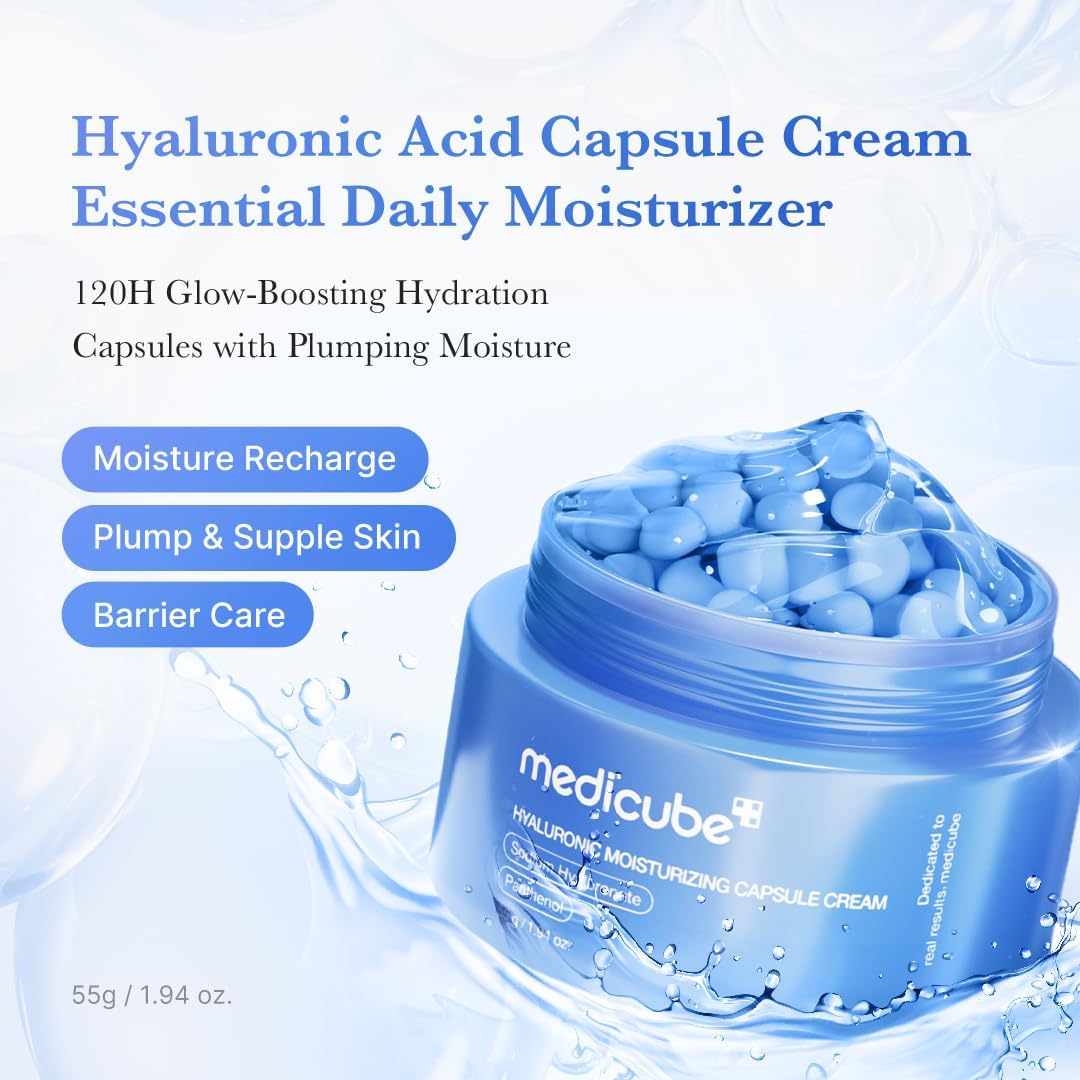 Open jar of blue capsules in a splash of water, described as an essential daily moisturiser with 120-hour glow-boosting hydration