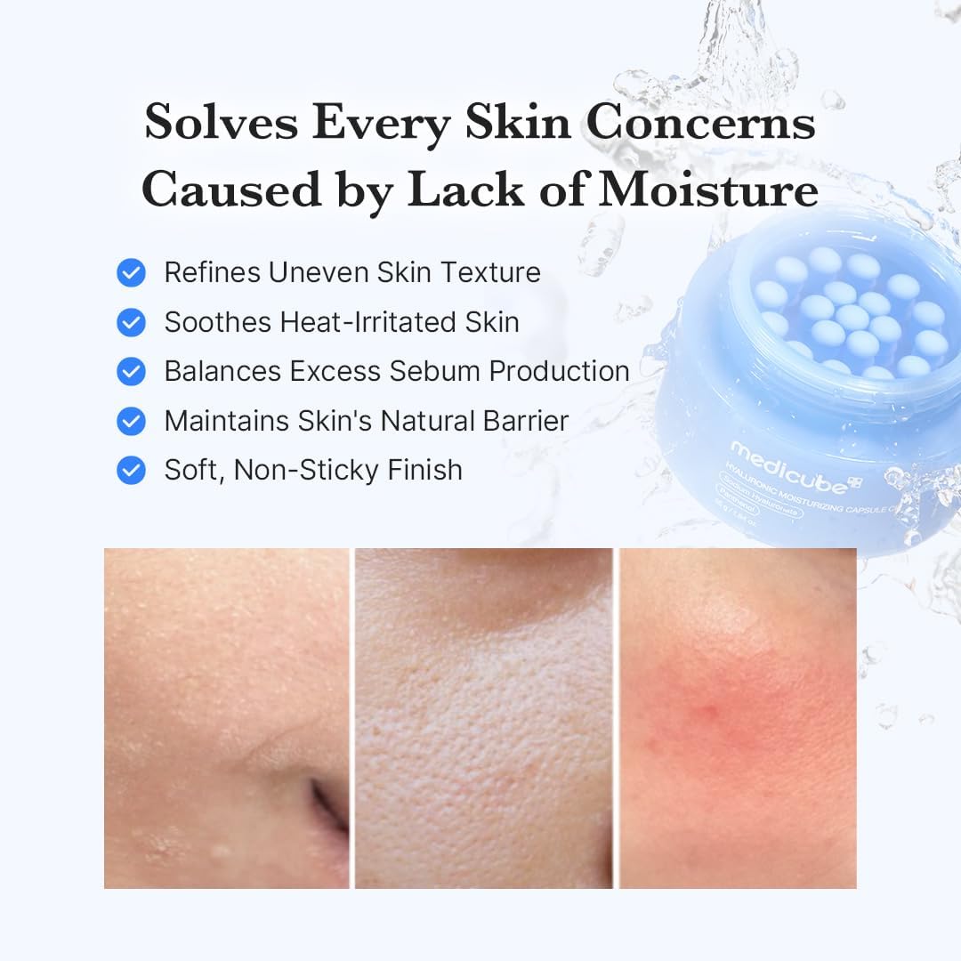 Skin concerns from lack of moisture shown in three close-ups: refines texture, soothes heat, balances sebum, keeps the barrier, non-sticky finish
