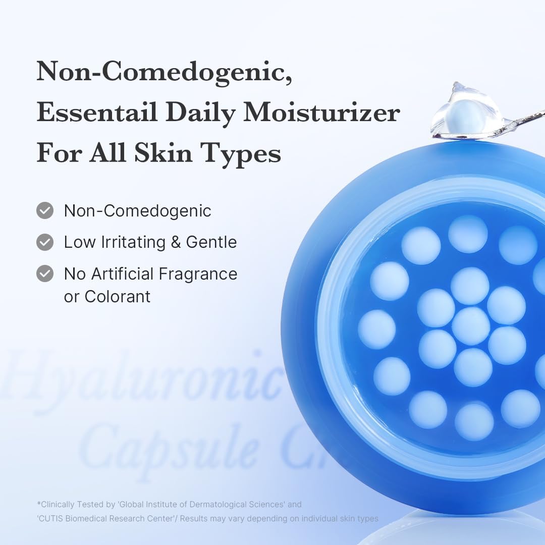 Top-down view of the blue capsules in the jar: non-comedogenic, low-irritating, no artificial fragrance or colourant