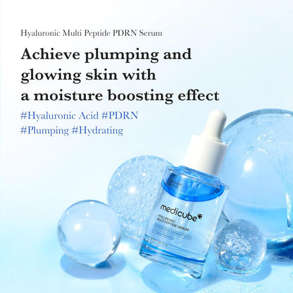 Hyaluronic Multi Peptide Serum bottle among water bubbles, for plumping and glowing skin with a moisture-boosting effect