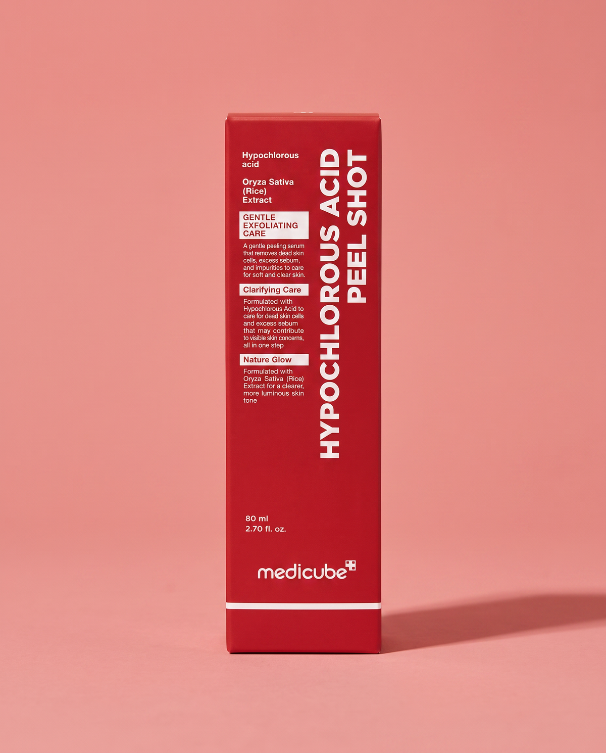 Medicube Hypochlorous Acid Rice Peel Shot 80ml - red carton standing on a coral background