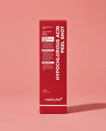 Medicube Hypochlorous Acid Rice Peel Shot 80ml - red carton standing on a coral background