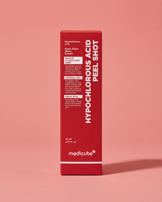 Medicube Hypochlorous Acid Rice Peel Shot 80ml - red carton standing on a coral background