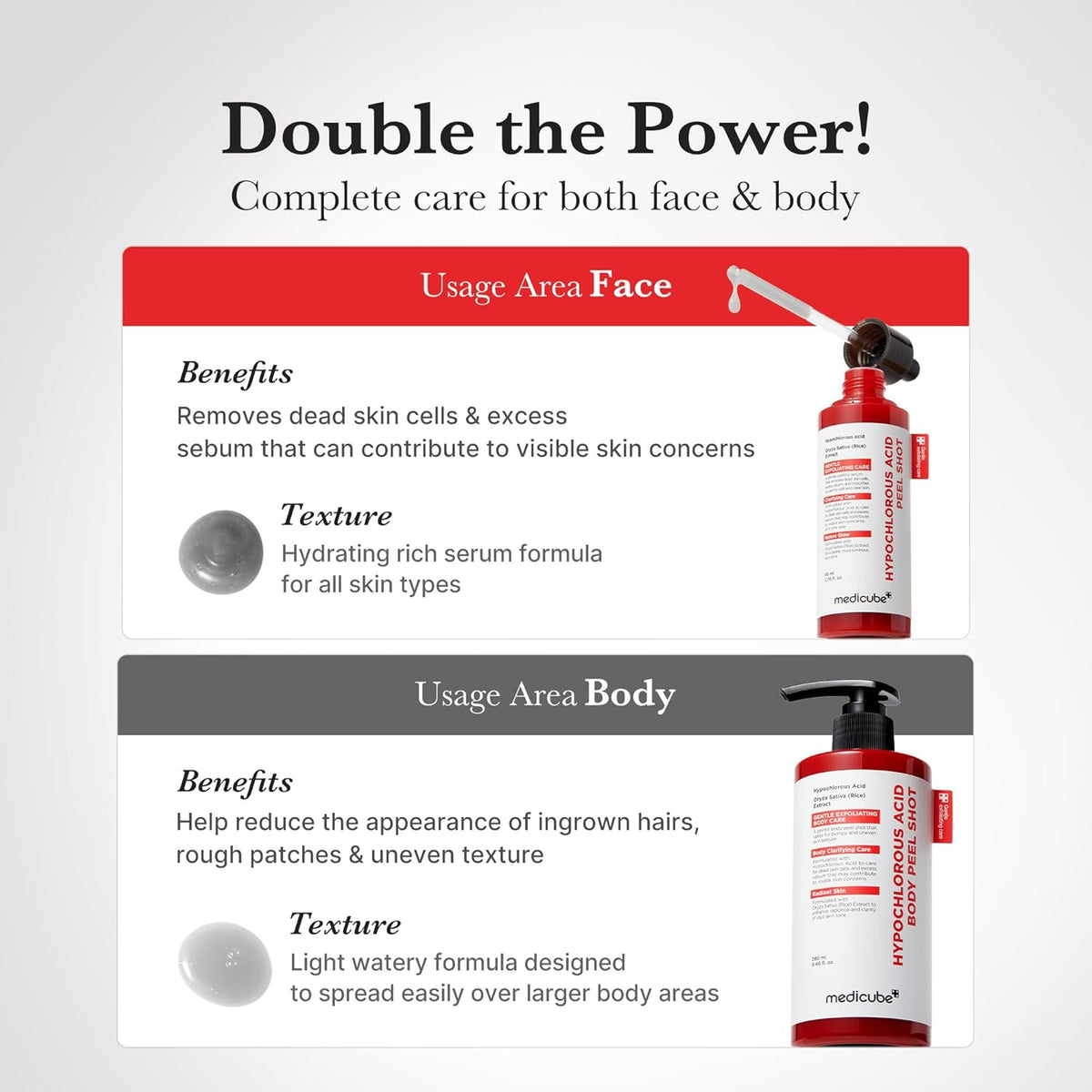 Double the power: the face peel shot with a rich serum formula and the body peel shot with a light watery formula for larger areas