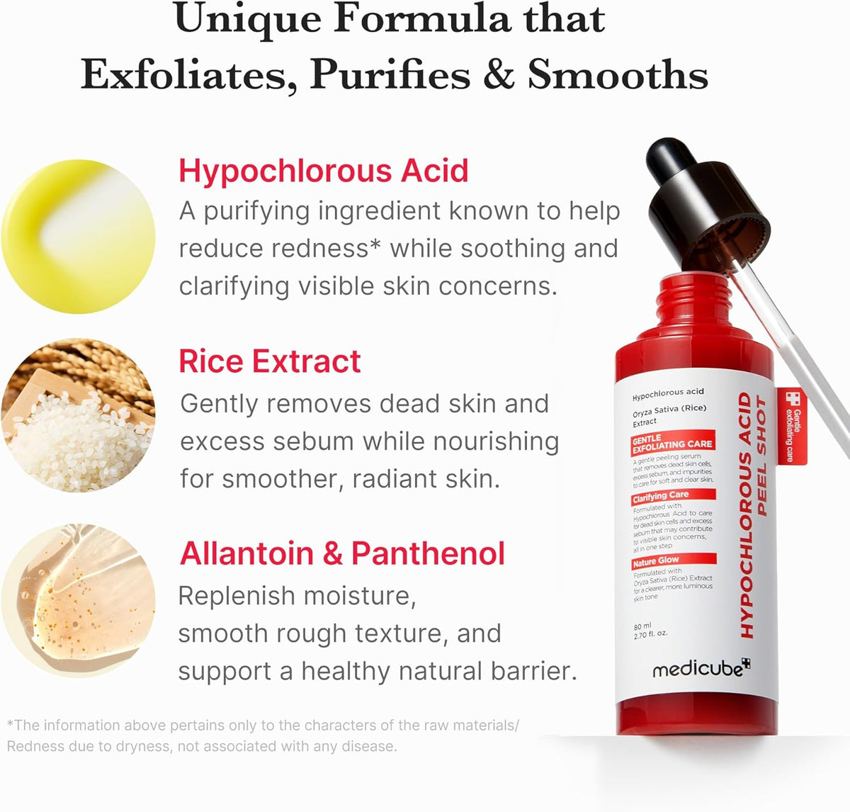 Unique formula that exfoliates, purifies and smooths: hypochlorous acid, rice extract, and allantoin with panthenol, beside the bottle