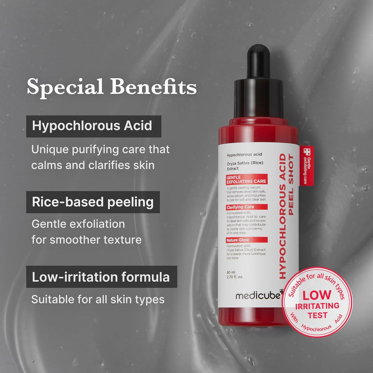 Special benefits on a grey cream texture: hypochlorous acid purifying care, rice-based peeling, and a low-irritation formula for all skin types