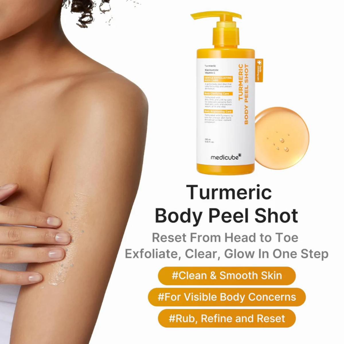 Medicube Kojic Acid Turmeric Body Peel Shot 280ml - body peel shot bottle beside a model's shoulder and benefits panel