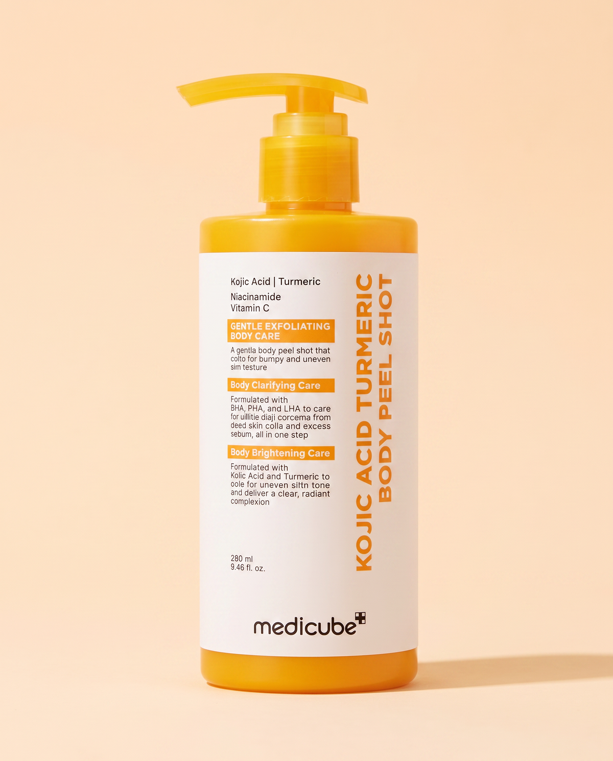 Medicube Kojic Acid Turmeric Body Peel Shot 280ml - yellow pump bottle, front label, on a peach background