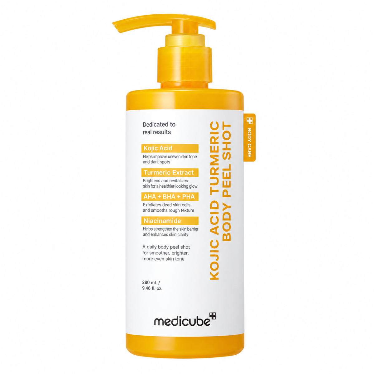 Medicube Kojic Acid Turmeric Body Peel Shot 280ml on a plain white background