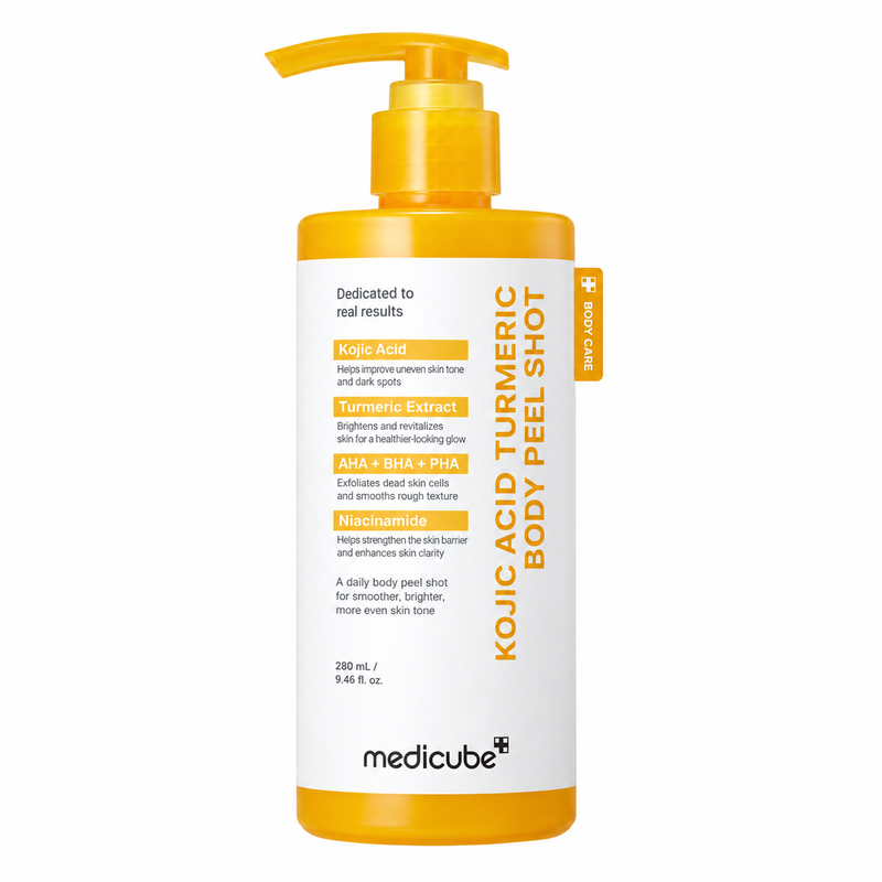 Medicube Kojic Acid Turmeric Body Peel Shot 280ml on a plain white background
